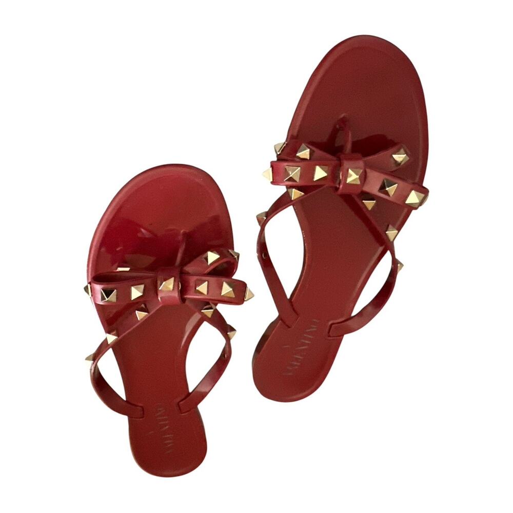 Valentino Garavani Rockstud Bow Jelly Thong Sandals Red Slip-On Women’s 37 - Picture 5 of 11